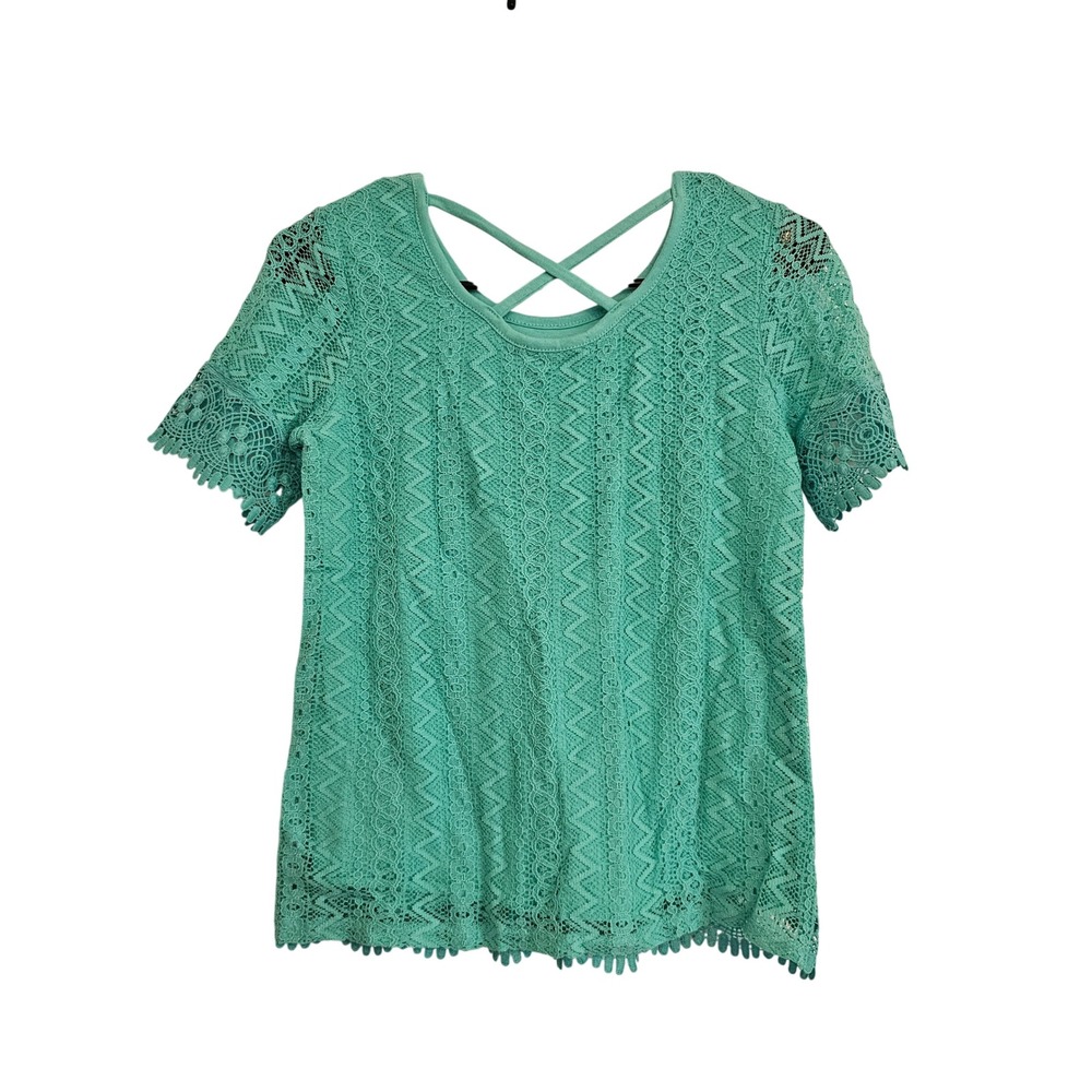 Teal Lace Cross Back Short Sleeve‎ Top Women's